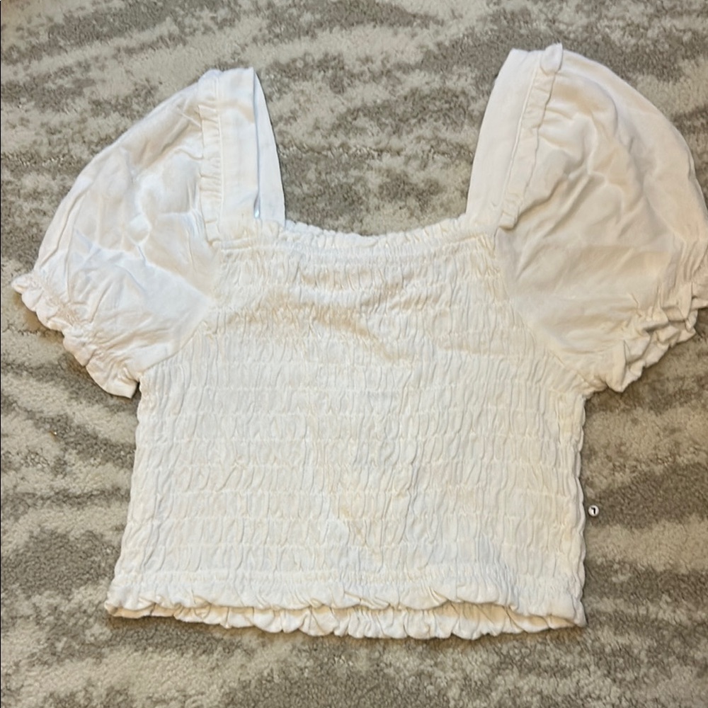 Monteau White Puff Sleeve Smocked Crop Blouse